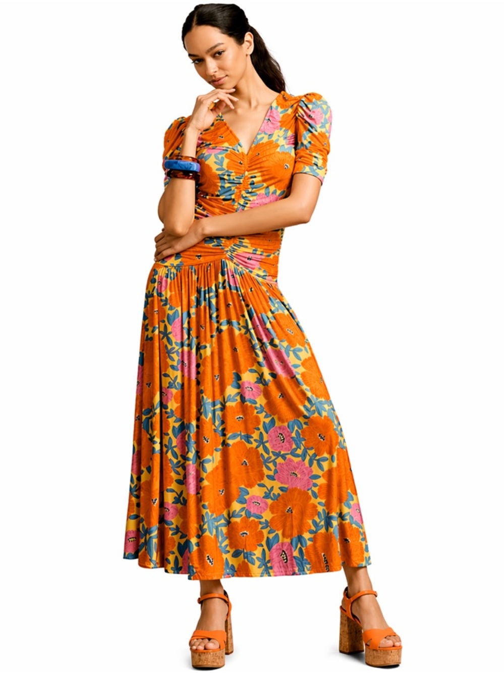 Farm Rio Anthropologie Orange Floral Ruched Midi Dress Puff Sleeve Size M